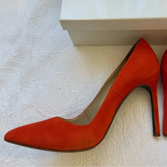Manolo Blahnik Orange Suede Pumps Size 37 (US 7) Pointed Toe Stiletto Heels - Picture 8 of 13